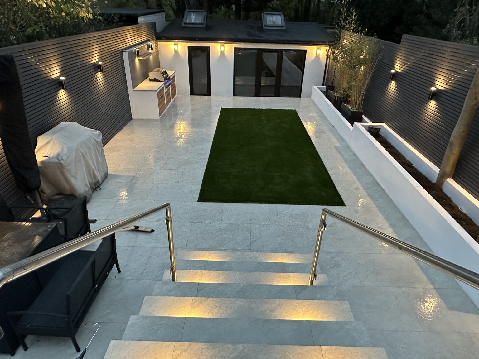 Evening view of the landscaped garden